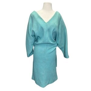 Vintage 70s 80s Disco Lurex Knit Dress Stars Tie Dolman Teal Turquoise‎ L/XL